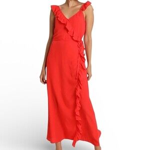 Madewell Ruffled Wrap Maxi Dress Ripe Persimmon Surplice Tassle Tie Romantic 4